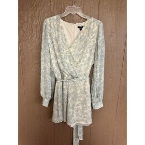 Express‎ Blue & Beige V Neck Floral Long Sleeve Jumpsuit Large Vintage Floral